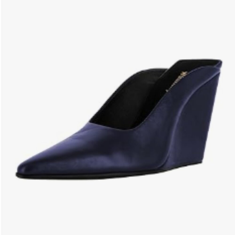 Wansseny Dark Blue Chic Pointed Toe Wedge High Heel Slip On Ladies Dressy Mules